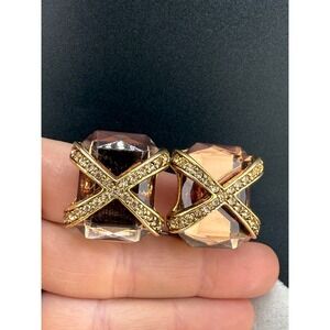 Vintage Eileen Fulton Earrings Brown Rhinestone Clip On Gold Tone Signed